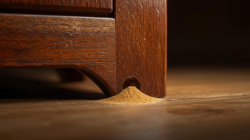 Ciri-ciri serangan rayap kayu kering berupa butiran pasir (frass) di bawah furnitur