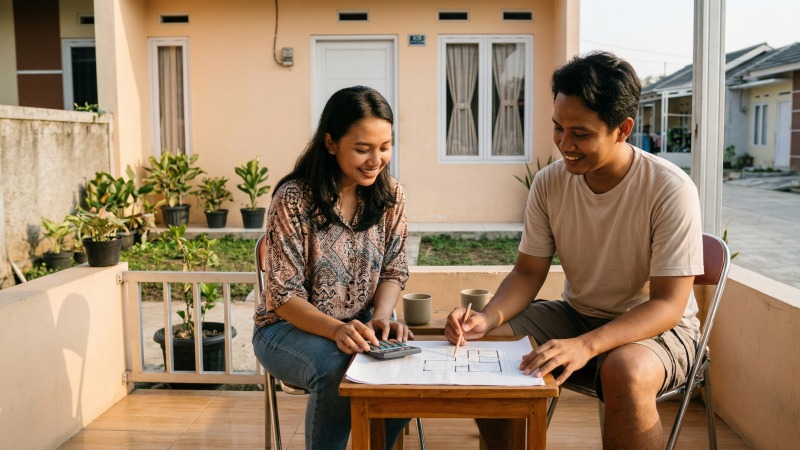 Keluarga muda Indonesia sedang menghitung budget renovasi rumah subsidi di depan teras rumah.