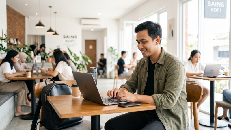 AI Website Builder, Freelancer profesional sedang membangun personal brand digital menggunakan laptop di kafe.