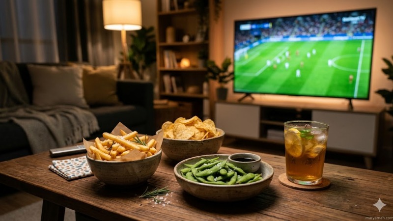 Aneka camilan nonton bola praktis yang ditata di atas meja ruang tamu.