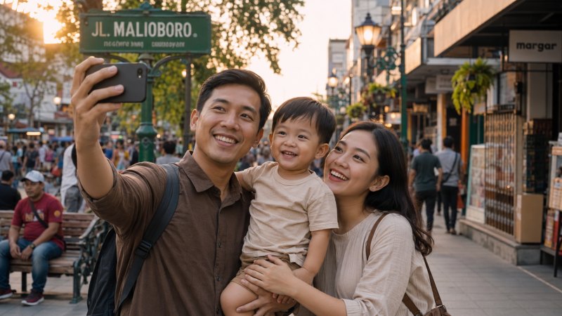 Momen santai wisata keluarga Jogja di Jalan Malioboro
