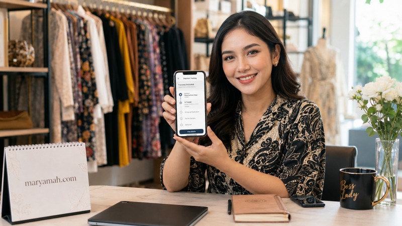 Pemilik bisnis fashion melacak status pengiriman barang dari layanan ekspedisi Bandung Sorong