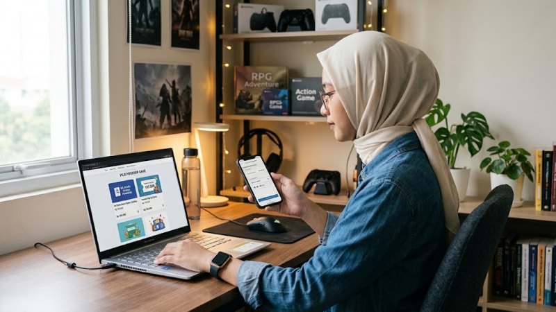 Pengguna mengecek pilihan voucher game digital melalui laptop dan ponsel.