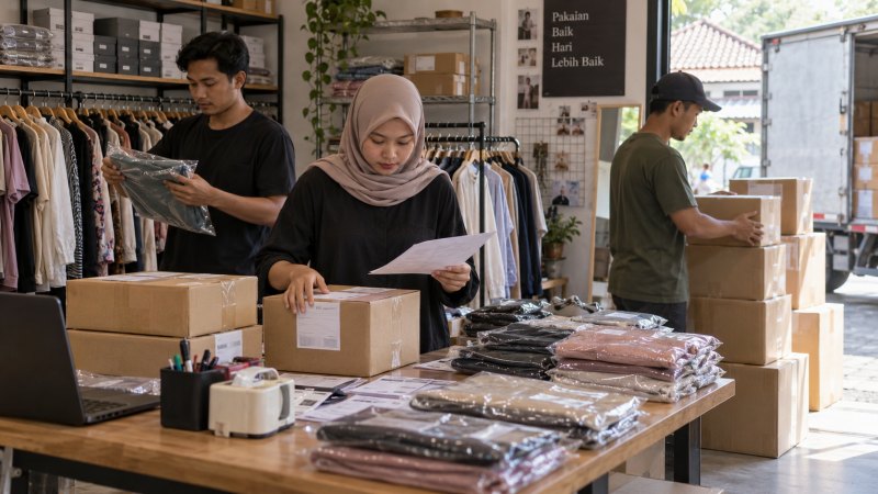 Persiapan pengiriman stok fashion dan perlengkapan toko dalam beberapa kardus