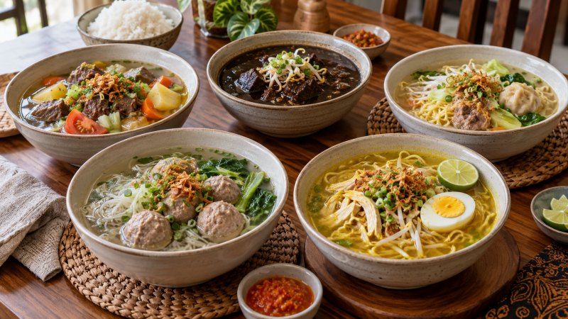 Bakso soto sup daging rawon dan mi kuah di atas meja