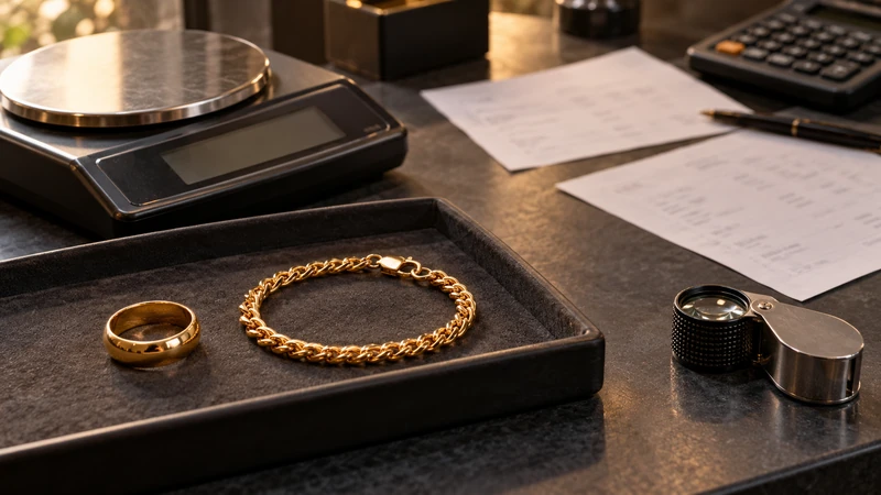 Cincin dan gelang di dekat timbangan sebagai ilustrasi penilaian jual emas tanpa surat