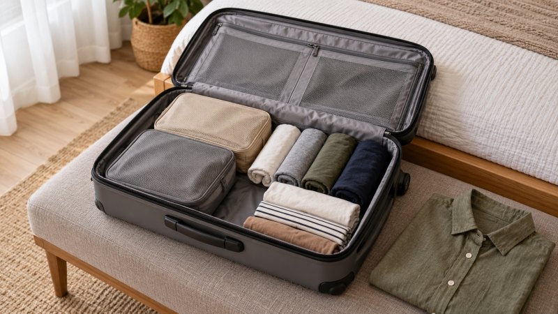 Ilustrasi cara packing baju di koper dengan pakaian terlipat, gulungan, dan dua organizer di atas bangku kamar.