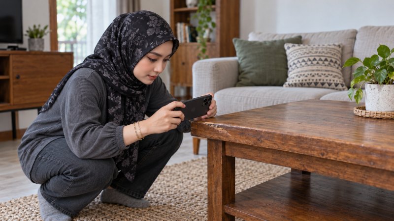 Ilustrasi perempuan berhijab memotret goresan meja kayu sebelum memilih ekspedisi untuk kirim furniture bekas.