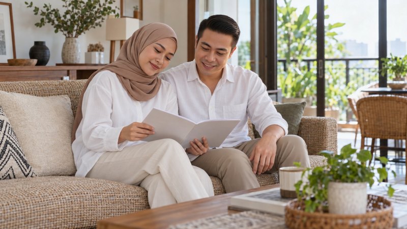 Pasangan, dengan perempuan berhijab, membaca dokumen di sofa sebagai ilustrasi pembahasan asuransi penyakit kritis.
